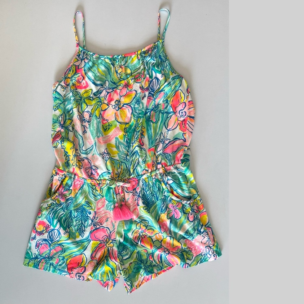 Lilly Pulitzer Aleene floral romper girls XL 12 14 multi surf gypsea shorts